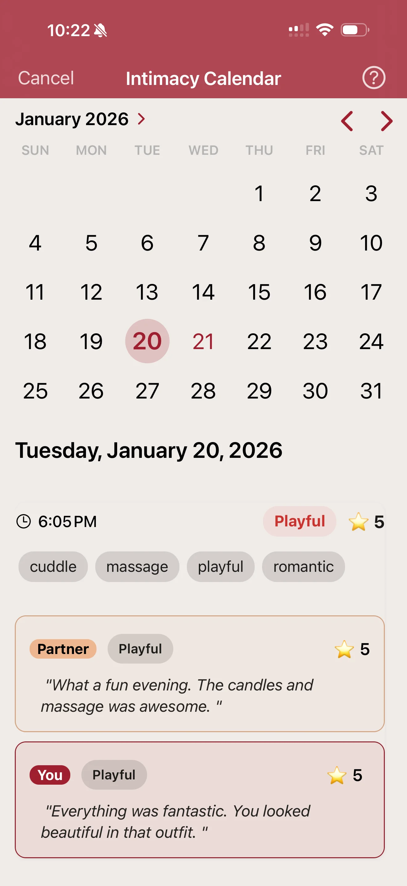Intimacy Tracking screen